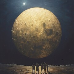 La imagen representa a un grupo de personas reunidas en una noche oscura, todos con los ojos fijos en la belleza de la luna.