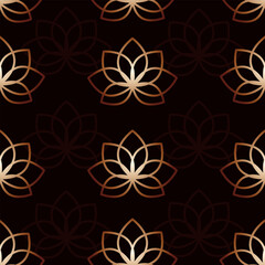 Lotus flower metallic gradient seamless pattern on black background. Vector print. Golden lotus.