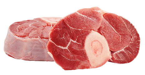 Sliced beef shank, osso bucco steak, isolated on white background, full depth of field