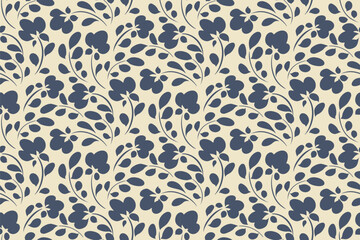 Seamless floral pattern, abstract ditsy print with rustic folk motif. Simple botanical surface design with hand drawn meadow: small blue flowers, leaves on a white background. Vector illustration.