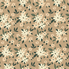 Seamless floral pattern, liberty ditsy print with cute tiny plants. Delicate botanical design for tissue paper: small hand drawn flowers, leaves on a beige background. Vector illustration. © Yulya i Kot