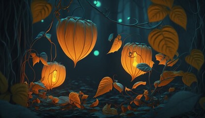 Digital Illustration of Magical, Glowing Physalis Plants in the Forest. Generative AI.