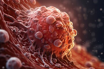 3D microscopic view of a tumor cell inside the body provides a clear insight into cancerous growth. The malignant cell can be seen in detail and observed for diagnosis and treatment options. AI-image.
