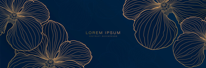Abstract luxury gold orchid lines on dark blue background. Golden orchid floral line art design. Hand drawn. Horizontal banner template. Suit for cover, header, wallpaper, banner, poster, backdrop