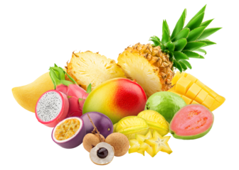 tropical fruits, Pineapple, dragon fruit, passionfruit, longan, mango, carambola, guava, isolated on white background, full depth of field
