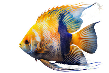 Beautiful aquarium fish angelfish. Watercolor drawing on a white background. Generative AI.
