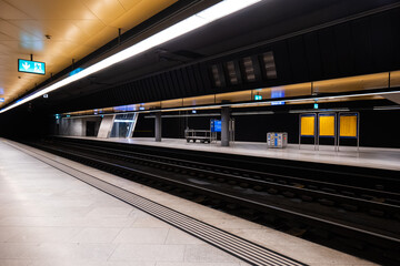 Zurich city central train station. Underground train station, wide-angle view, artificial...