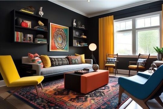 The interior of the room in the style of maximalism, many different things, bright colors, paintings, drawings. concept clutercore. generative ai