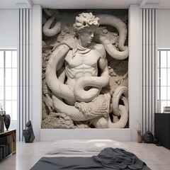 Marble sculpture of a snake in a detailed and elaborate style with a white background. Generative AI