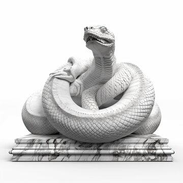 Marble sculpture of a snake in a detailed and elaborate style with a white background. Generative AI