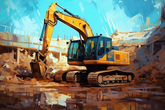 Illustration of an excavation machine for construction in dark yellow and light azure color. Generative AI
