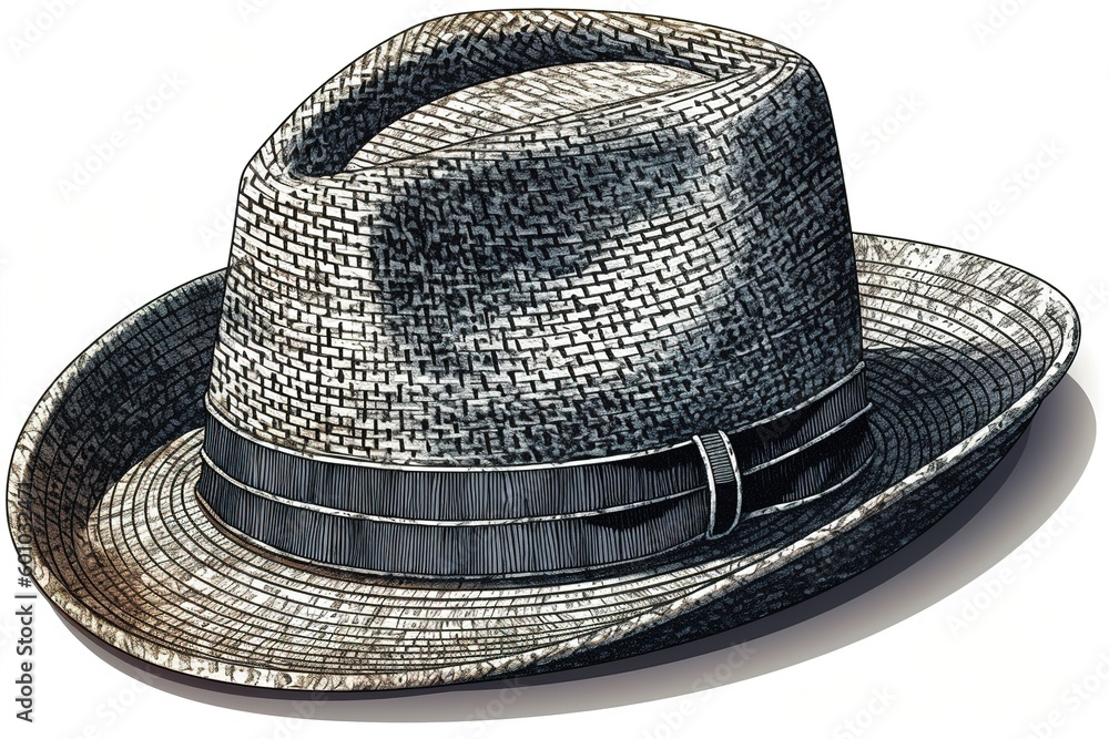 Poster drawing of a man's hat with brim isolated on white background. generated by ai