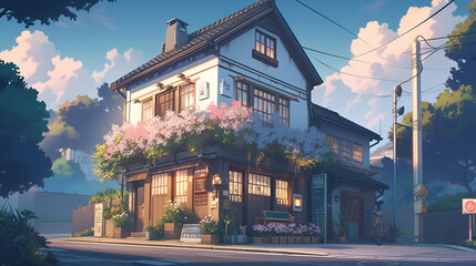 Anime background of traditional Japanese home on street in the town, generative AI - obrazy, fototapety, plakaty