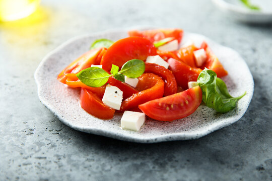 Red pepper salad with tomatoes and feta cheese