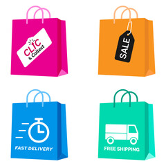 Collection of Shopping paper bag with click and collect, sale, fast delivery and free shipping symbo