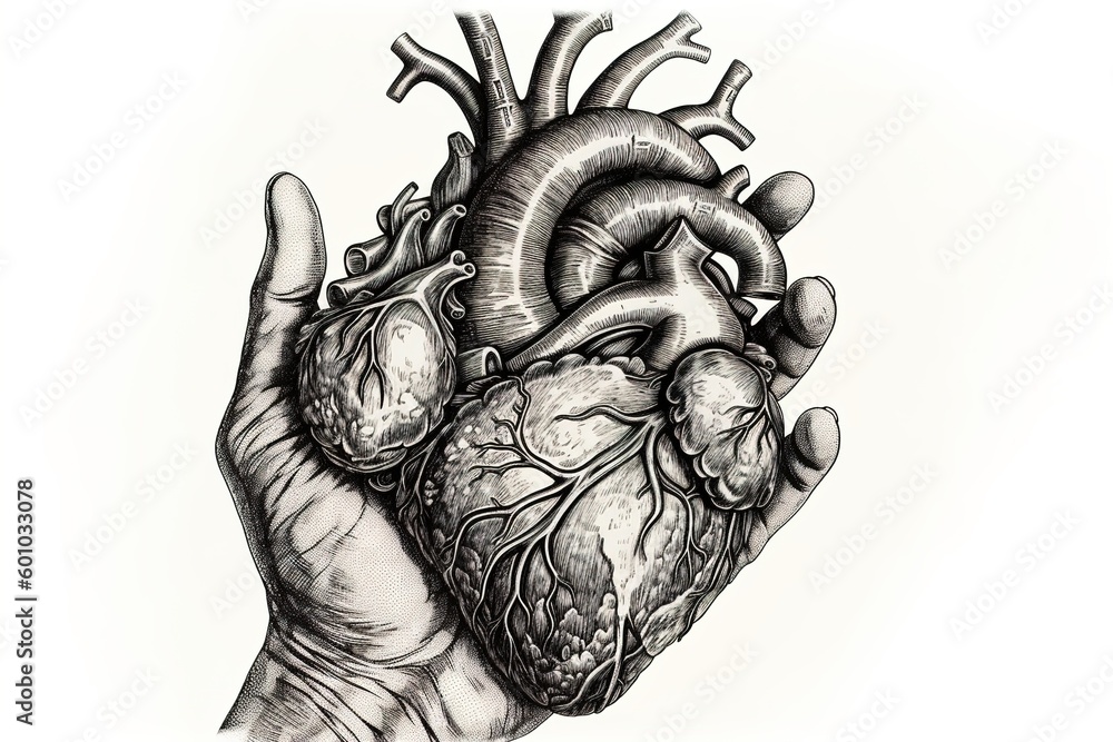 Poster heart drawing in hand isolated on white background. generated by ai
