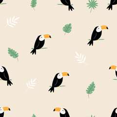 Seamless pattern with cute toucans and tropical leaves