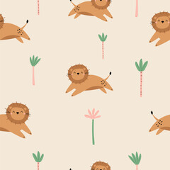 Colorful seamless pattern with funny lions and palm trees