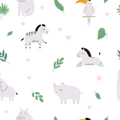 Colorful illustration with african animals - zebra, rhino, elephants