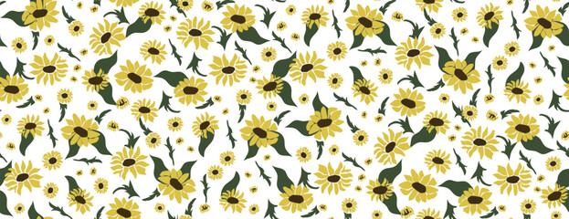 Cute floral print of small sunflowers. Seamless floral pattern with small flowers. Vector illustration.