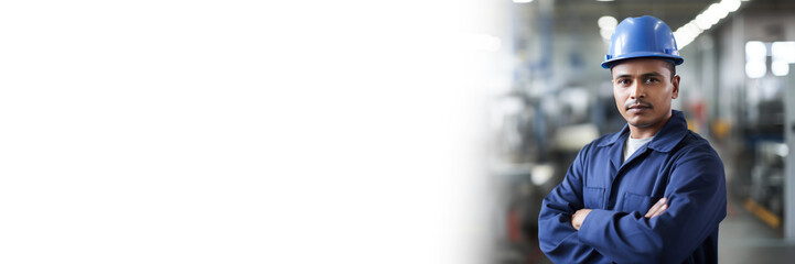 Portrait of hispanic man, factory worker, AI generated banner Generative AI