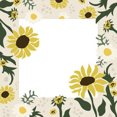 Greeting card with beautiful sunflowers - ditsy floral background with frame for text message. Vector illustration.
