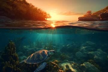 Tropical paradise sunset half underwater clear water tropical with big seaturtle. Generative AI	