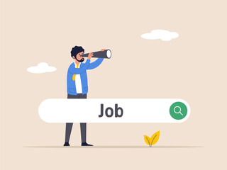 Job search concept. Businessman stands outside a job search bar with binoculars to see opportunity. Looking for a new job, employment, career or job search, looking for a position.