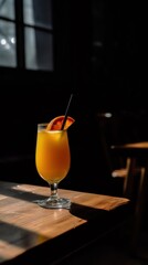 Orange juice with apple slice standing on a wooden table on a dark kitchen background