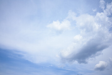 Bright bright blue peaceful sky with white feathery clouds. Beautiful sunny day.