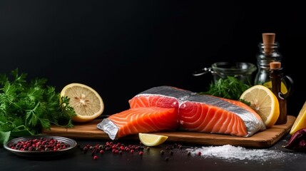 Fototapeta na wymiar Fresh salmon fillets. preparing restaurant dinner. Delicious gourmet seafood dish. banner, menu recipe place for text