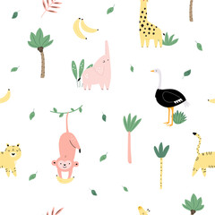 Seamless pattern on white background with funny african animals - monkey, tiger, elephant, giraffe, ostrich