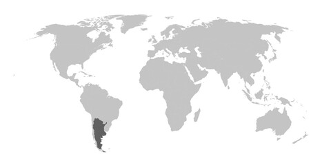 Map of the world with the country of Argentina highlighted in grey.