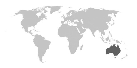 Map of the world with the country of Australia highlighted in grey.