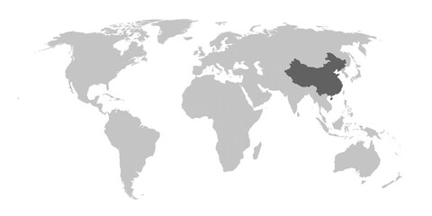 Fototapeta premium Map of the world with the country of China highlighted in grey.