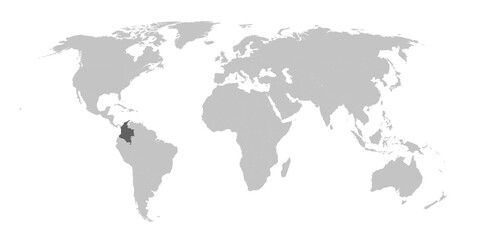 Map of the world with the country of Colombia highlighted in grey.
