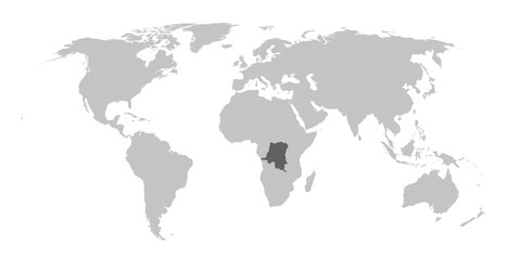 Map of the world with the country of Democratic Republic of the Congo highlighted in grey.