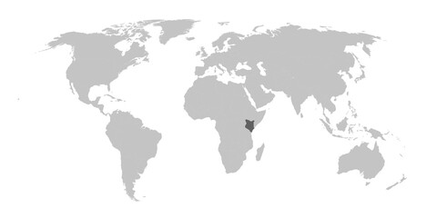 Map of the world with the country of Kenya highlighted in grey.