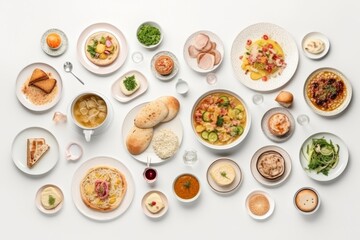 Flat lay of a set of various dishes of food isolated on a white background. Generative AI