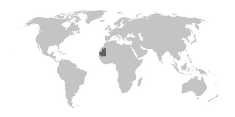 Map of the world with the country of Mauritania highlighted in grey.