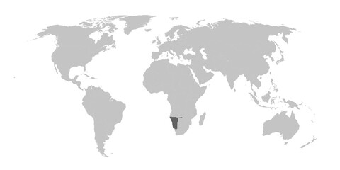 Map of the world with the country of Namibia highlighted in grey.