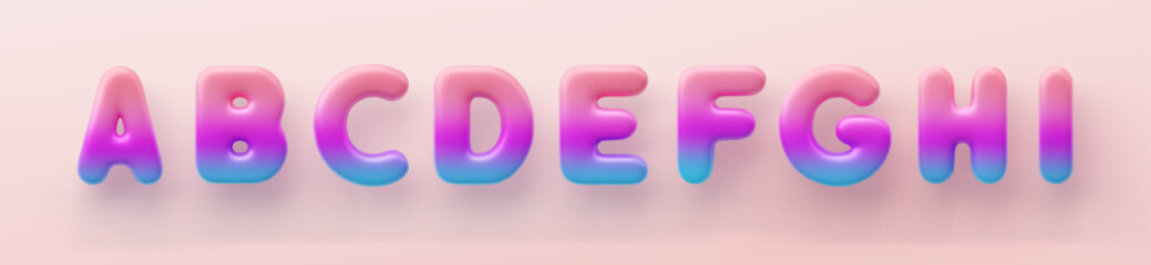 3D Colorful Gradient letters A, B, C, D, E, F, G, H and I a glossy surface on a pink background.