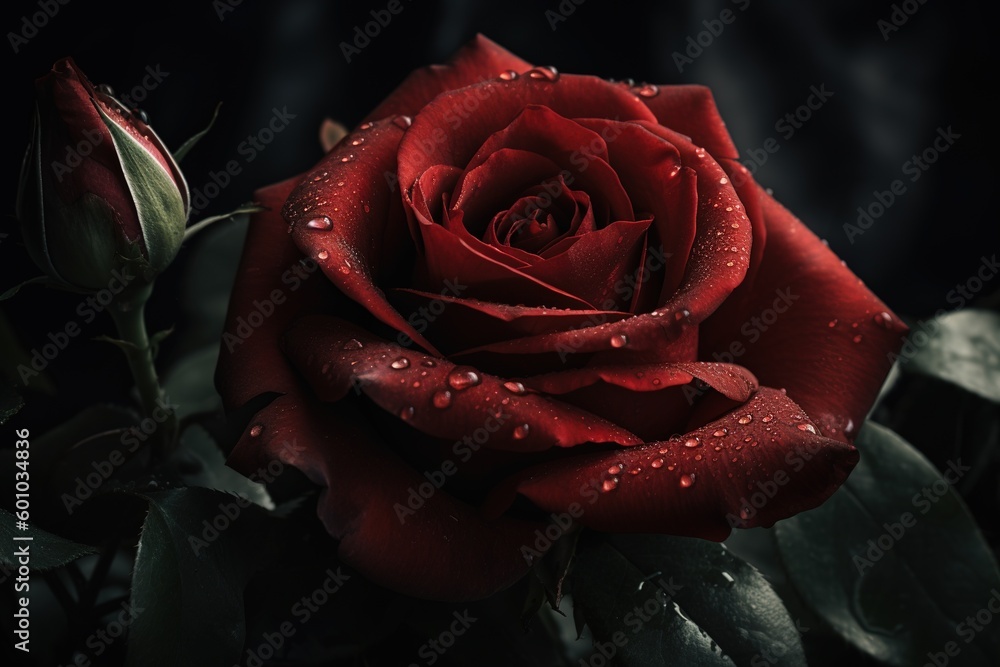Poster a single blood-red rose with a few drops of dew on it Generative AI