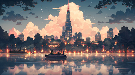 Anime background of boat on the lake with city at dusk, generative AI
