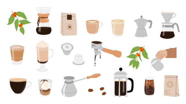 Different types of coffee manual brewing equipment. Set of isolated coffee elements. French press, moka, pour over, dripper. Collection for menu, coffee shop. Hand drawn trendy vector illustration.
