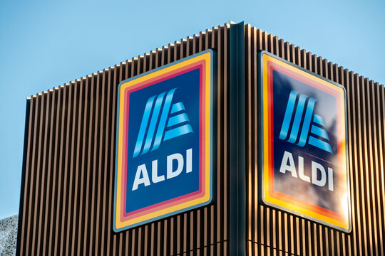 Adelaide, Australia - August 23, 2019: Exterior view of Aldi supermarket with the logo installed on the building facade on a day