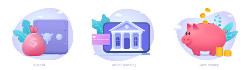 Bank deposit, bank service, income, money savings, online banking, saving money scene collection. Three dimensional icon set concept for landing page. 3d vector illustration for website, banner.