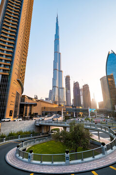 Dubai, United Arab Emirates - April 19, 2021: Dubai mall and Burj Khalifa modern architecture and urban downtown city area at sunset