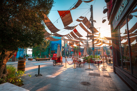 Dubai, United Arab Emirates - May 11, 2021: La Mer beach walking area with many restaurants in coffee bars