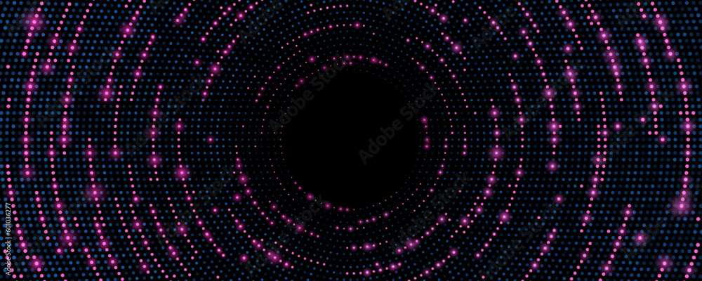 Poster futuristic circles of purple and blue glowing particles. digital circular sound wave with lights. bi